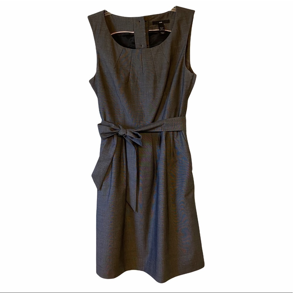 H&M Career Dress Tie Waist Button Detail Gray Sz 8